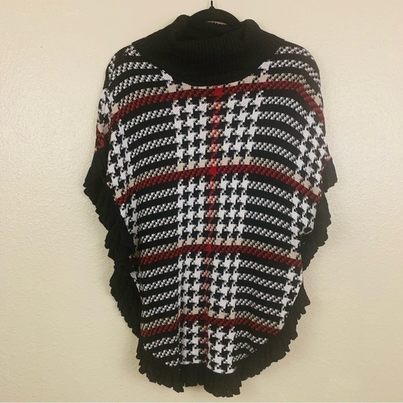 Joseph A Plaid Houndstooth Ruffle Hem Poncho Size M - Picture 2 of 5